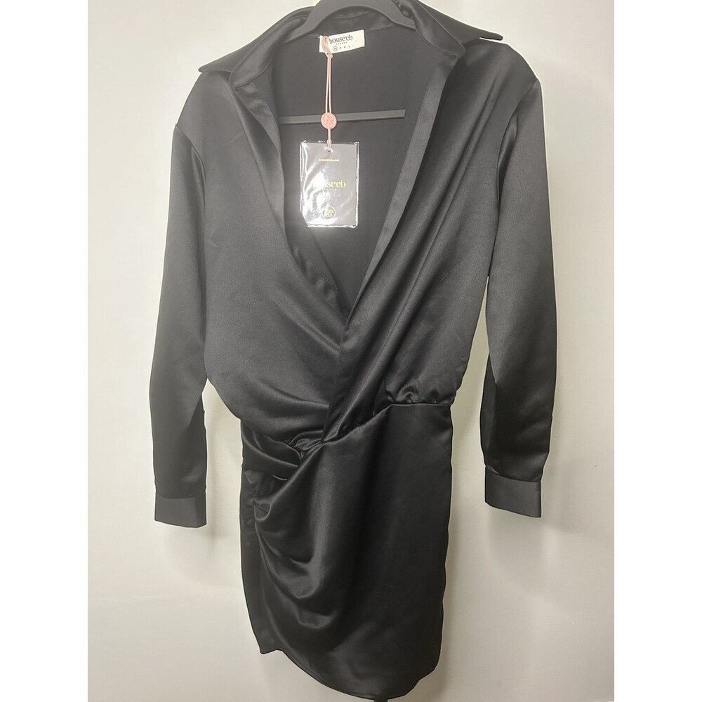 House of CB Maddie Black Satin Mini Dress XS NWT Long Sleeve Draped Wrap Party